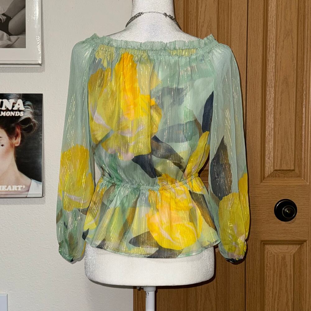 White Houses Black Market Off Shoulder Blouse Size XS Boho Fairy Yellow Teal - Picture 4 of 10